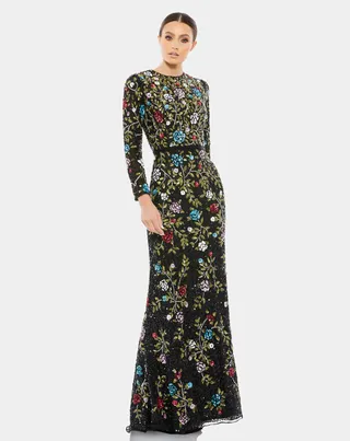 Floral Embellished Long Sleeve Gown