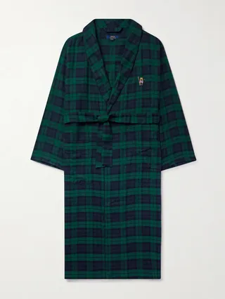 Logo-Embroidered Checked Cotton-Flannel Robe