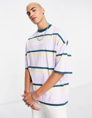 ASOS DESIGN oversized stripe t-shirt in lilac with chest print