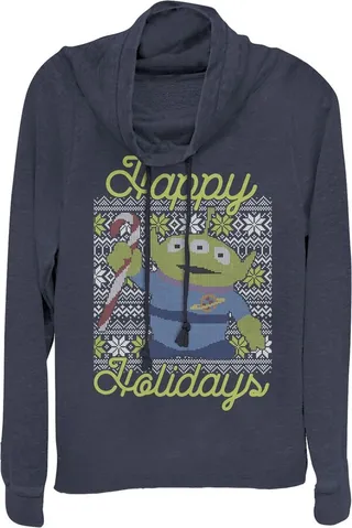 Junior's Toy Story Christmas Alien Holidays Cowl Neck Sweatshirt - Navy Blue - X Small