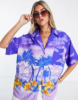 ASOS DESIGN short sleeve shirt in tropical placement print
