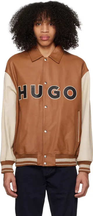 Hugo Orange & Beige Color-Blocked Varsity Leather Jacket
