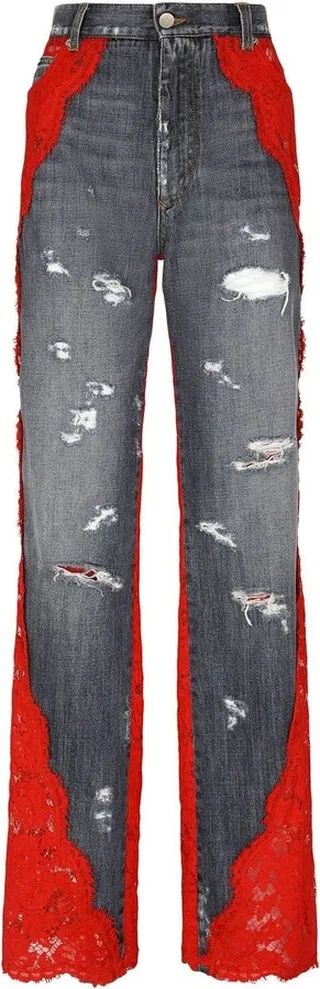 Floral-Lace Wide-Leg Jeans