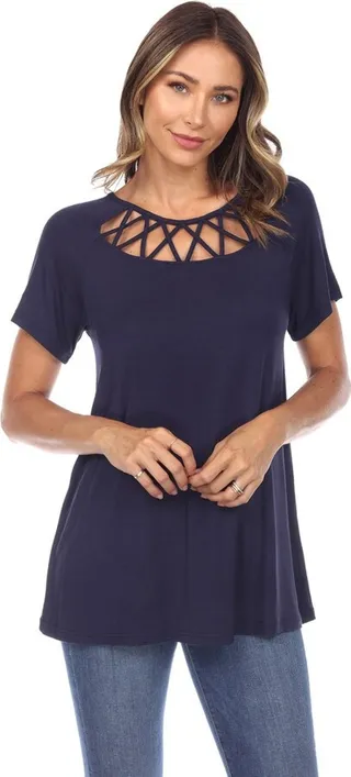 Crisscross Neck Short Sleeve Top Navy Small - White Mark
