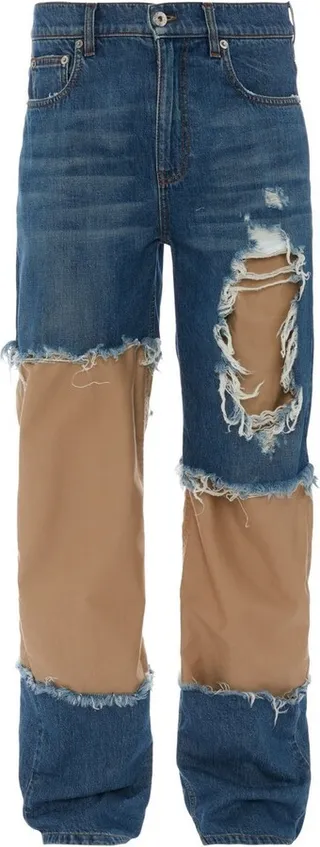 Blue Distressed Patchwork Straight-Leg Jeans