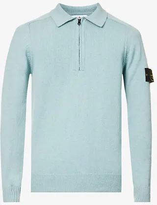 ens Sky Blue Brand-badge Quarter-zip Cotton-knit Jumper
