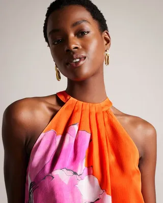 Pleated Floral Halter Neck Top in Bright Orange