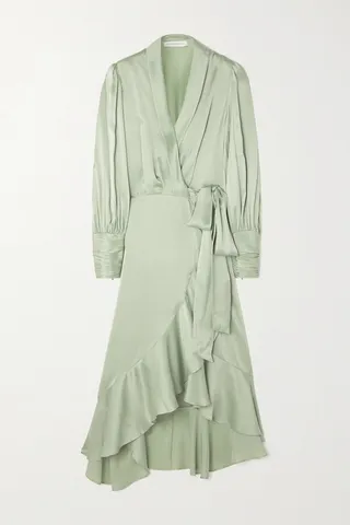 Zimmermann - Asymmetric Ruffled Silk-satin Midi Wrap Dress - Green