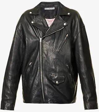 Mens Black Relaxed-fit Notched-lapel Leather Jacket
