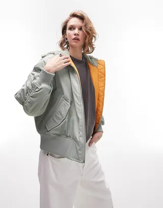 Topshop hooded borg lined bomber jacket in sage