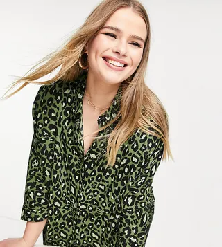 ASOS DESIGN Curve oversized long sleeve shirt in green leopard print