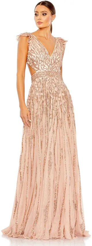 Sequined Flutter Cap Sleeve Cut Out A Line Gown