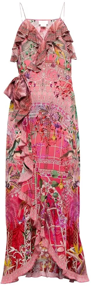 Embellished silk wrap midi dress
