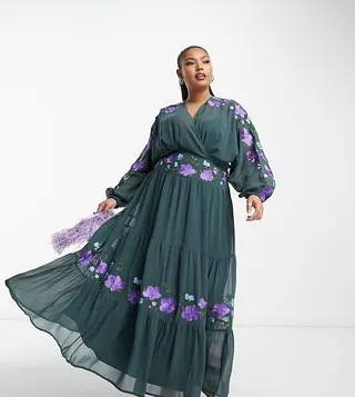 ASOS DESIGN Curve v neck batwing chiffon maxi dress with embroidery detail in pine green