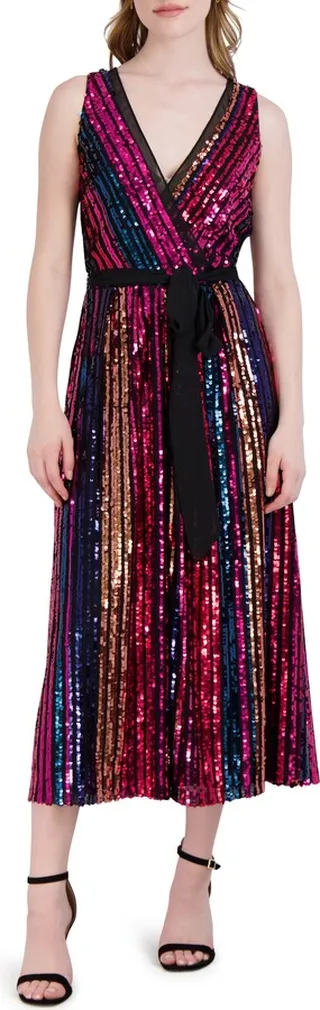 Rainbow Sequin Stripe Fit & Flare Cocktail Dress