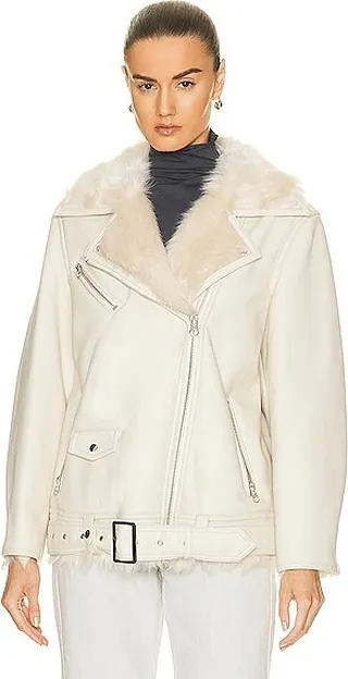 STAND STUDIO Carrie Faux Shearling Biker Jacket in White