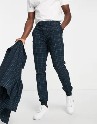 ASOS DESIGN smart skinny crepe check pants with jogger cuff in navy - part of a set