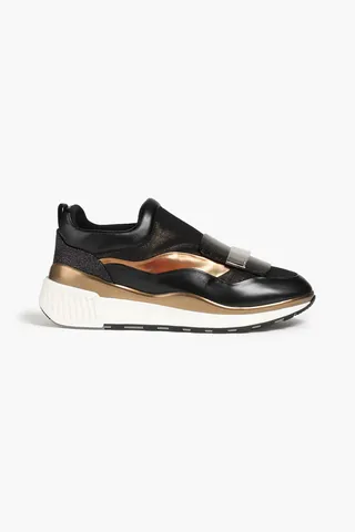 Glittered leather and mesh slip-on sneakers