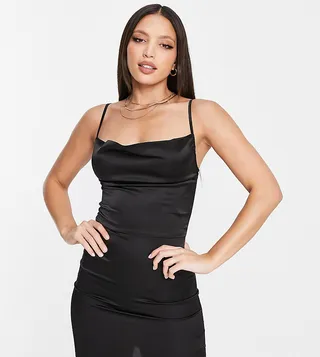 Parisian Tall satin cami strap mini dress with cowl neck in black