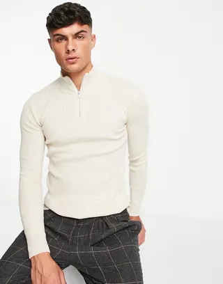 ASOS DESIGN lightweight rib sweater with half zip in oatmeal