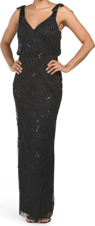 Handbeaded Satin Tie Surplice Blouson Column Gown