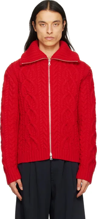 Dries Van Noten Red Cable Zip Sweater
