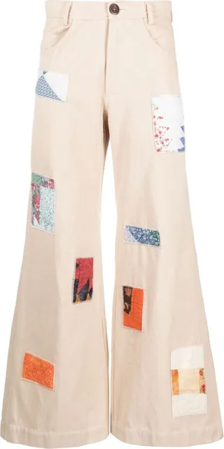 Neutral Quilted Patch Flared Trousers