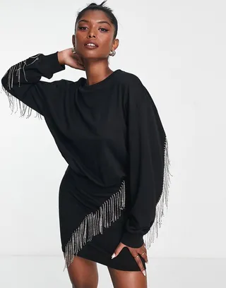 ASOS DESIGN body-conscious mini sweats dress with diamante fringing in black