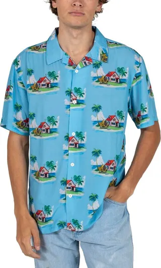 Dragon Ball Z Kame House Sublimation Print Short Sleeve Button Down Light Blue Men’s Woven Top-XXL