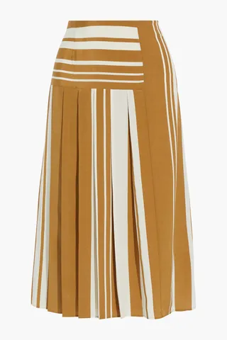 Pleated striped silk crepe de chine midi skirt