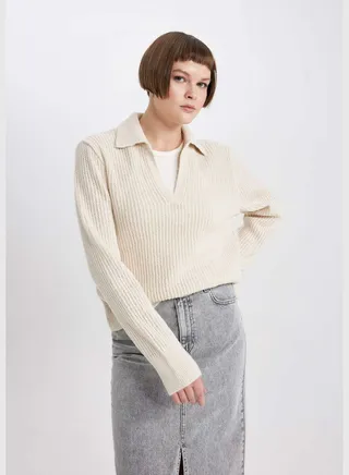 Woman Polo Neck Long Sleeve Tricot Pullover