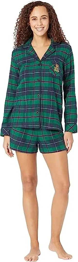 LAUREN Ralph Lauren Long Sleeve Notch Collar Boxer PJ Set (Green Plaid) Women's Pajama Sets