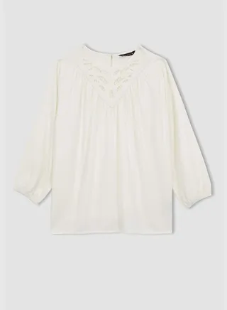 Woman Square Neck Woven Top Long Sleeve Blouse