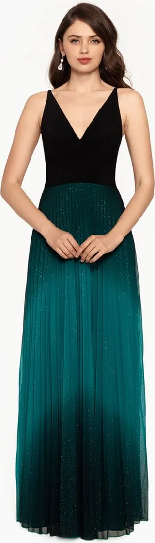 Long V-Neck Pleated Glitter Ombre Dress