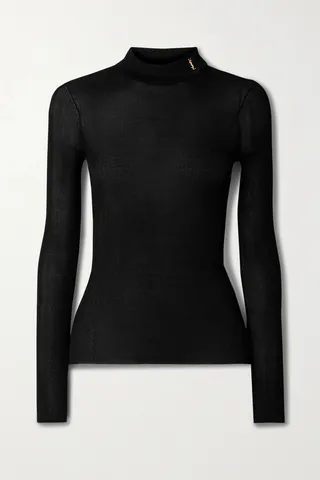 SAINT LAURENT - Ribbed Silk Turtleneck Top - Black