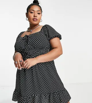 ASOS DESIGN Curve tie front short sleeve mini tea dress in mono dot print
