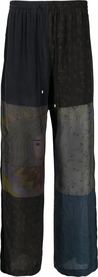Patchwork Wide-Leg Silk Trousers