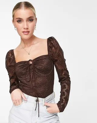 Love Triangle long sleeve lace bodysuit in brown