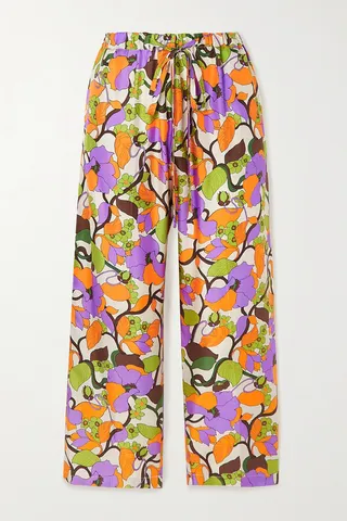 La DoubleJ - Cropped Floral-print Silk-twill Straight-leg Pants - Orange