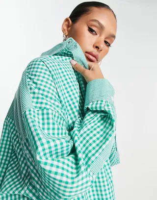 Topshop oversized gingham patch shirt in green