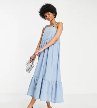 ASOS DESIGN Tall soft denim smock midi dress in lightwash