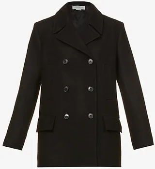 Womens Black Double-breasted Regular-fit Wool-blend Coat