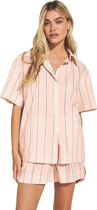Eberjey Organic Sandwashed Cotton Printed - The Short PJ Set (Rose Cloud Stripe) Women's Pajama Sets