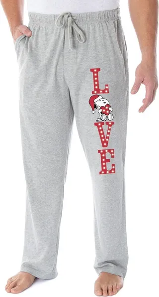 Peanuts Snoopy Pajama Pants LOVE Loungewear Sleep Bottoms Lounge Pants (SM) Grey