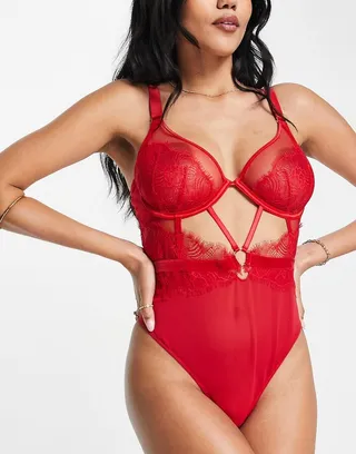 ASOS DESIGN Fuller Bust Viv lace and mesh underwire bodysuit in red
