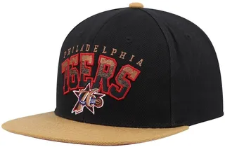 Men's Mitchell & Ness Black and Tan Philadelphia 76ers Hardwood Classics Gradient Wordmark Snapback Hat