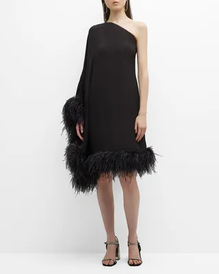 Myrtle Feather-Trim One-Shoulder Dress