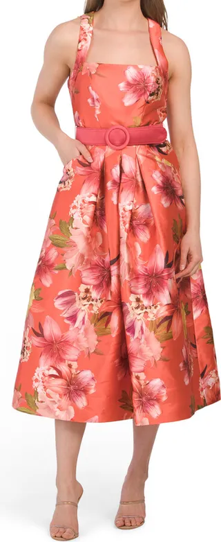 Morgan Floral Square Neck Tea Length Dress With Belt