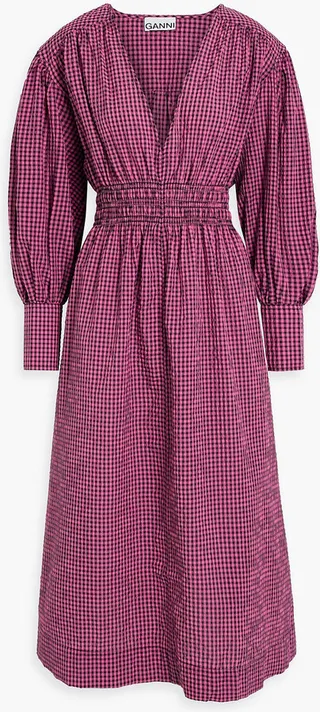 Shirred gingham seersucker midi dress
