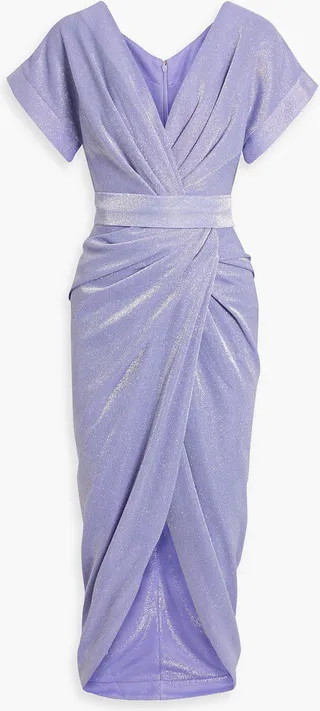 Wrap-effect draped glittered jersey midi dress